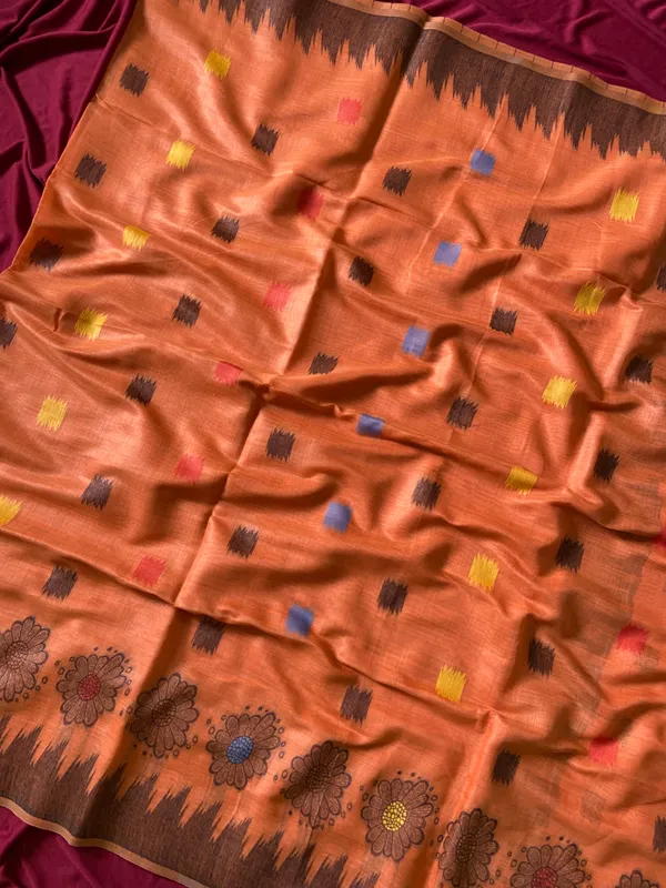 Premium_Soft_Muga_Cotton_sarees_with_Beautiful_Colourfull_3D_Woven_Flower_Design_Pallu_With_Attractive_All_Over_Resham_Weaving_Butti_Design_With_Resham_Weaving_Border_And_Resham_Weaving_Butti_Blouse_With_Fancy_Tassels