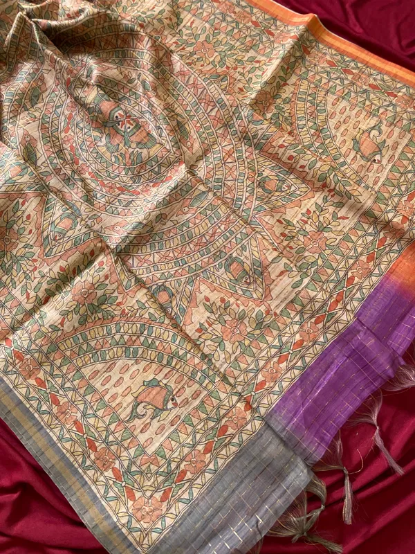 Soft_Semi_Tussar_Silk_sarees_with_Beautiful_Digital_Print_With_Attractive_Border_And_Contrast_Print_Blouse_With_Tassels