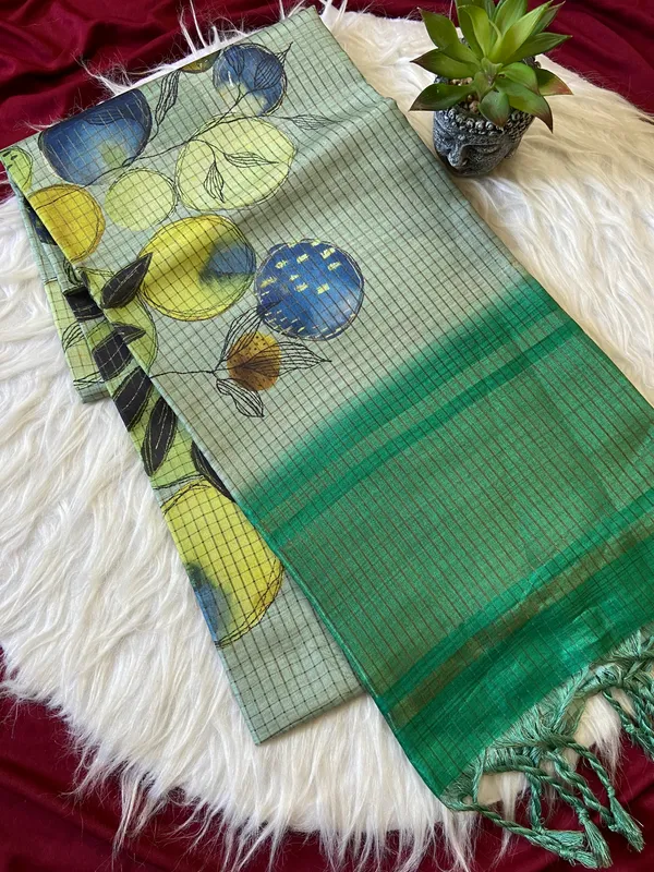 Soft_Tussar_Silk_sarees_with_Beautiful_Digital_Print_With_Attractive_Checks_Design_Saree_And_Digital_Print_Blouse_With_Tassels