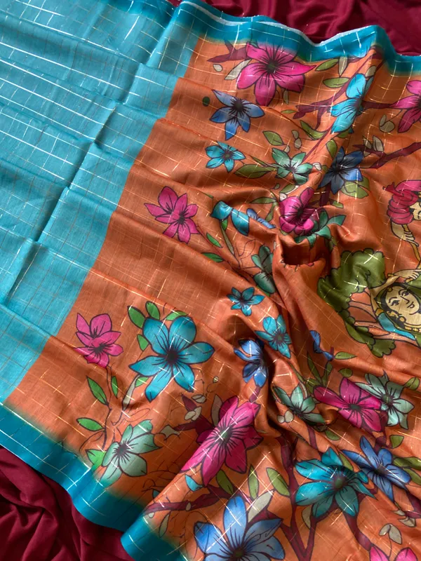 Soft_Semi_Tussar_Silk_sarees_with_Beautiful_Digital_Print_With_Attractive_Border_And_Contrast_Print_Blouse_With_Tassels