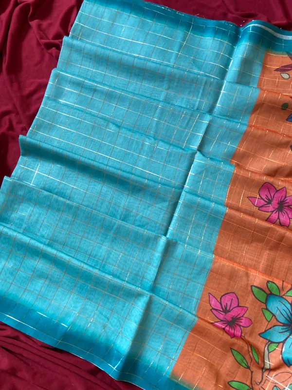 Soft_Semi_Tussar_Silk_sarees_with_Beautiful_Digital_Print_With_Attractive_Border_And_Contrast_Print_Blouse_With_Tassels