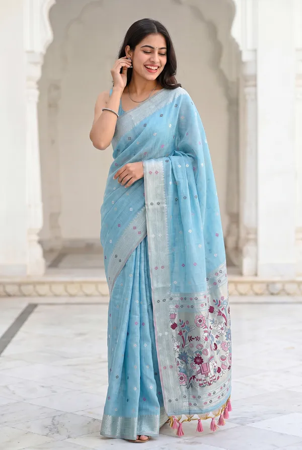 Premium_Soft_Muga_Cotton_Paithani_sarees_with_Beautiful_colourfull_3D_Woven_Elephant_Design_Pallu_With_Attractive_All_Over_Resham_Weaving_Butti_Design_With_Zari_Weaving_Border_And_Resham_Weaving_Butti_Blouse_With_Fancy_Tassels