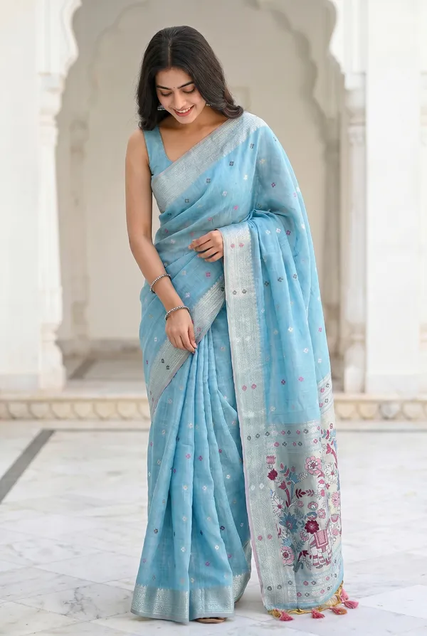 Premium_Soft_Muga_Cotton_Paithani_sarees_with_Beautiful_colourfull_3D_Woven_Elephant_Design_Pallu_With_Attractive_All_Over_Resham_Weaving_Butti_Design_With_Zari_Weaving_Border_And_Resham_Weaving_Butti_Blouse_With_Fancy_Tassels