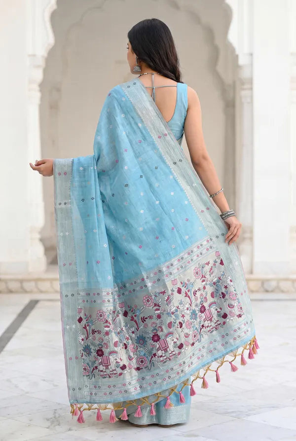 Premium_Soft_Muga_Cotton_Paithani_sarees_with_Beautiful_colourfull_3D_Woven_Elephant_Design_Pallu_With_Attractive_All_Over_Resham_Weaving_Butti_Design_With_Zari_Weaving_Border_And_Resham_Weaving_Butti_Blouse_With_Fancy_Tassels