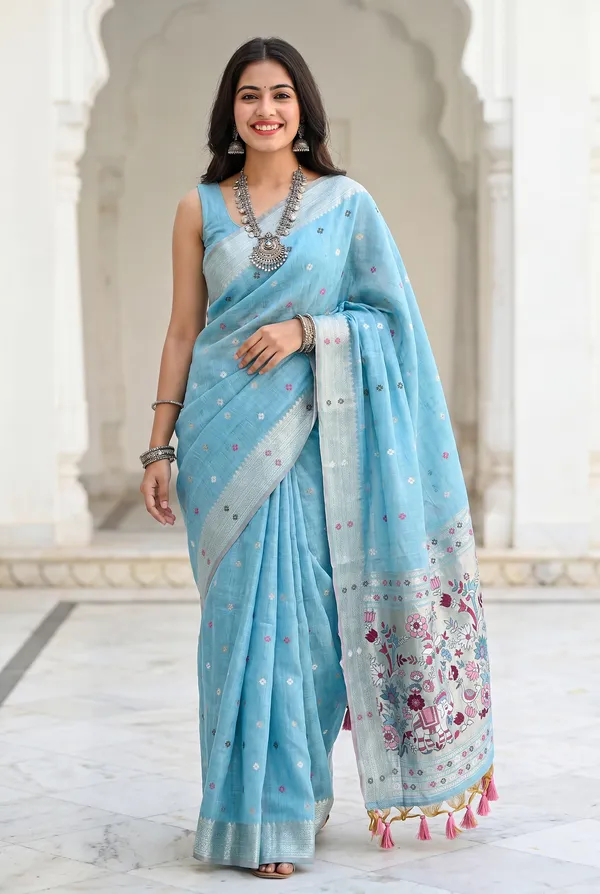 Premium_Soft_Muga_Cotton_Paithani_sarees_with_Beautiful_colourfull_3D_Woven_Elephant_Design_Pallu_With_Attractive_All_Over_Resham_Weaving_Butti_Design_With_Zari_Weaving_Border_And_Resham_Weaving_Butti_Blouse_With_Fancy_Tassels