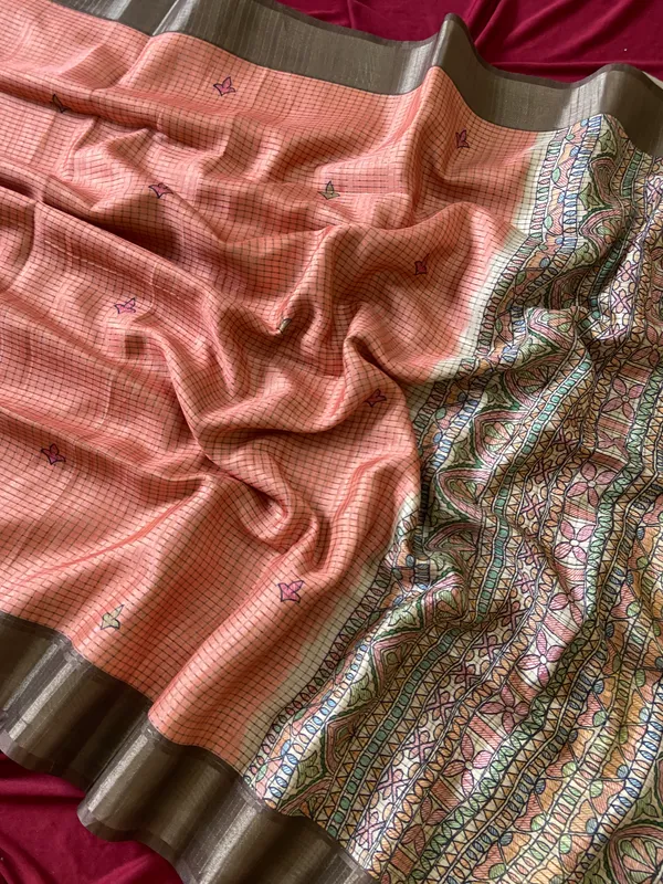Soft_Tussar_Silk_sarees_with_Beautiful_Digital_Print_With_Attractive_Checks_Design_Saree_And_Digital_Print_Blouse_With_Tassels