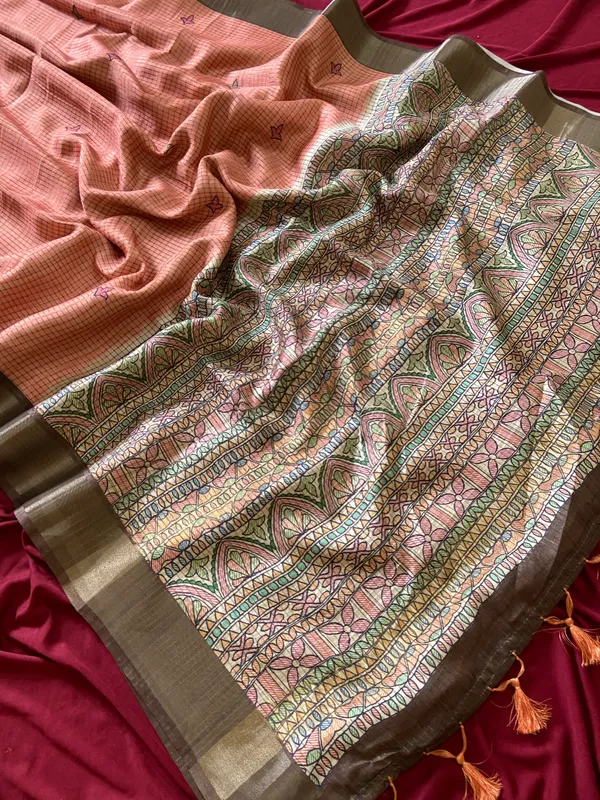 Soft_Tussar_Silk_sarees_with_Beautiful_Digital_Print_With_Attractive_Checks_Design_Saree_And_Digital_Print_Blouse_With_Tassels