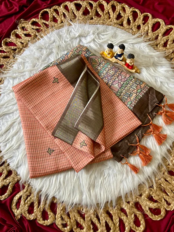 Soft_Tussar_Silk_sarees_with_Beautiful_Digital_Print_With_Attractive_Checks_Design_Saree_And_Digital_Print_Blouse_With_Tassels
