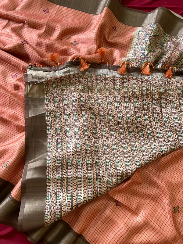 Soft_Tussar_Silk_sarees_with_Beautiful_Digital_Print_With_Attractive_Checks_Design_Saree_And_Digital_Print_Blouse_With_Tassels