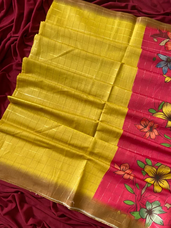 Soft_Semi_Tussar_Silk_sarees_with_Beautiful_Digital_Print_With_Attractive_Border_And_Contrast_Print_Blouse_With_Tassels