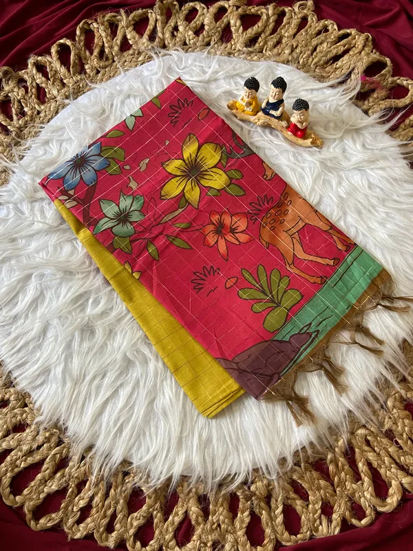 Soft_Semi_Tussar_Silk_sarees_with_Beautiful_Digital_Print_With_Attractive_Border_And_Contrast_Print_Blouse_With_Tassels