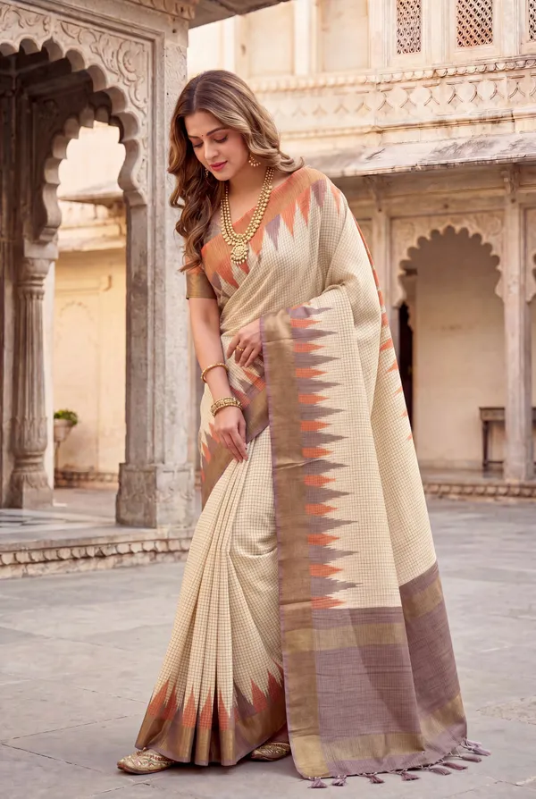 Soft_Tussar_Silk_sarees_with_Beautiful_Digital_Print_With_Attractive_Checks_Design_Saree_And_Digital_Print_Blouse_With_Tassels