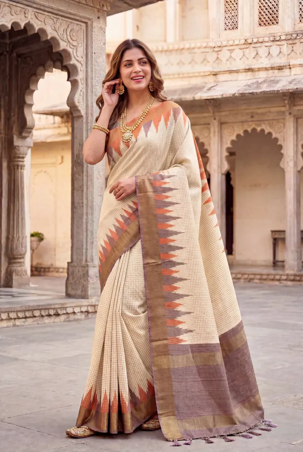 Soft_Tussar_Silk_sarees_with_Beautiful_Digital_Print_With_Attractive_Checks_Design_Saree_And_Digital_Print_Blouse_With_Tassels