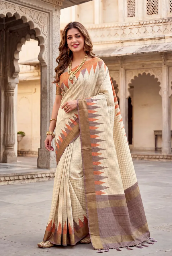 Soft_Tussar_Silk_sarees_with_Beautiful_Digital_Print_With_Attractive_Checks_Design_Saree_And_Digital_Print_Blouse_With_Tassels