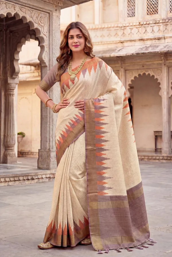 Soft_Tussar_Silk_sarees_with_Beautiful_Digital_Print_With_Attractive_Checks_Design_Saree_And_Digital_Print_Blouse_With_Tassels