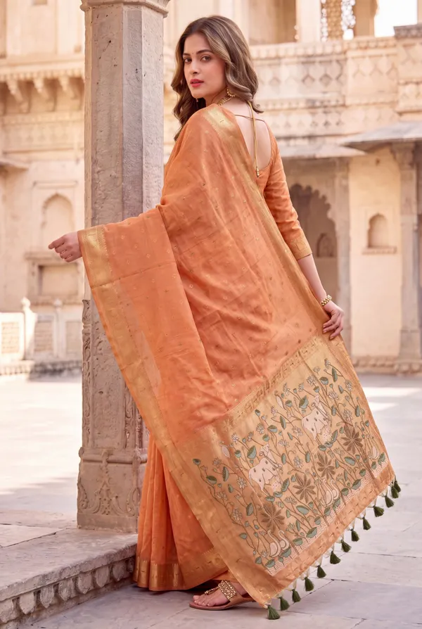 Premium_Soft_Muga_Cotton_Paithani_sarees_with_Beautiful_Colourfull_3D_Woven_Cow_Design_Pallu_With_Attractive_All_Over_Resham_Weaving_Butti_Design_With_Zari_Weaving_Border_And_Resham_Weaving_Butti_Blouse_With_Fancy_Tassels
