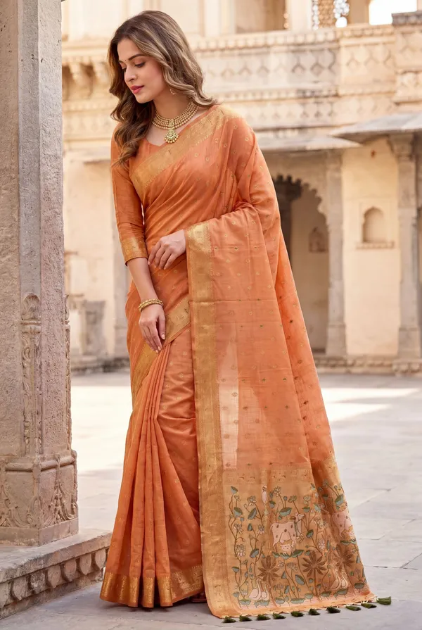 Premium_Soft_Muga_Cotton_Paithani_sarees_with_Beautiful_Colourfull_3D_Woven_Cow_Design_Pallu_With_Attractive_All_Over_Resham_Weaving_Butti_Design_With_Zari_Weaving_Border_And_Resham_Weaving_Butti_Blouse_With_Fancy_Tassels