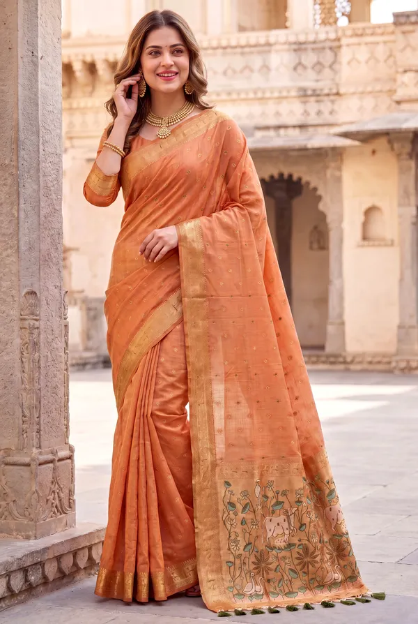 Premium_Soft_Muga_Cotton_Paithani_sarees_with_Beautiful_Colourfull_3D_Woven_Cow_Design_Pallu_With_Attractive_All_Over_Resham_Weaving_Butti_Design_With_Zari_Weaving_Border_And_Resham_Weaving_Butti_Blouse_With_Fancy_Tassels