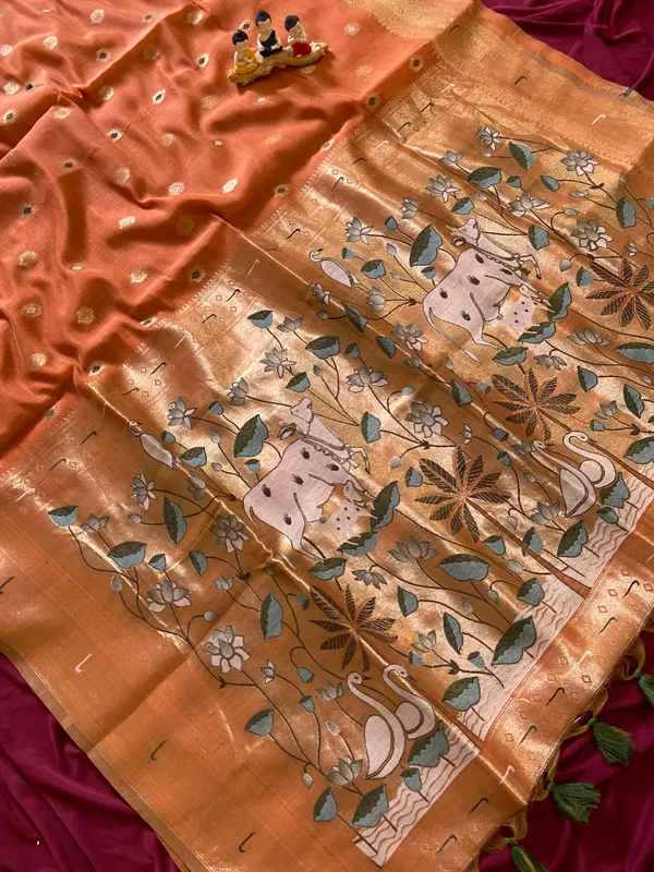 Premium_Soft_Muga_Cotton_Paithani_sarees_with_Beautiful_Colourfull_3D_Woven_Cow_Design_Pallu_With_Attractive_All_Over_Resham_Weaving_Butti_Design_With_Zari_Weaving_Border_And_Resham_Weaving_Butti_Blouse_With_Fancy_Tassels