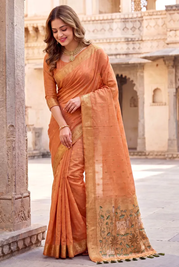 Premium_Soft_Muga_Cotton_Paithani_sarees_with_Beautiful_Colourfull_3D_Woven_Cow_Design_Pallu_With_Attractive_All_Over_Resham_Weaving_Butti_Design_With_Zari_Weaving_Border_And_Resham_Weaving_Butti_Blouse_With_Fancy_Tassels