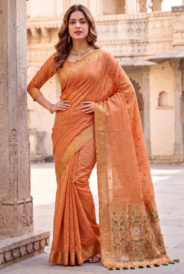 Premium_Soft_Muga_Cotton_Paithani_sarees_with_Beautiful_Colourfull_3D_Woven_Cow_Design_Pallu_With_Attractive_All_Over_Resham_Weaving_Butti_Design_With_Zari_Weaving_Border_And_Resham_Weaving_Butti_Blouse_With_Fancy_Tassels