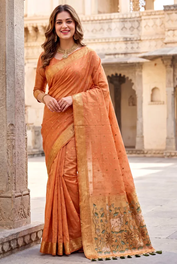 Premium_Soft_Muga_Cotton_Paithani_sarees_with_Beautiful_Colourfull_3D_Woven_Cow_Design_Pallu_With_Attractive_All_Over_Resham_Weaving_Butti_Design_With_Zari_Weaving_Border_And_Resham_Weaving_Butti_Blouse_With_Fancy_Tassels