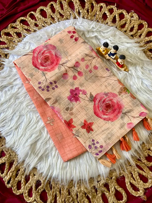 Soft_Premium_Linen_sarees_with_Beautiful_Print_With_Attractive_Checks_Design_Saree_With_Gold_Zari_Border_And_Print_Blouse_With_Tassels