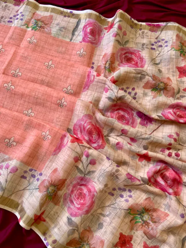 Soft_Premium_Linen_sarees_with_Beautiful_Print_With_Attractive_Checks_Design_Saree_With_Gold_Zari_Border_And_Print_Blouse_With_Tassels