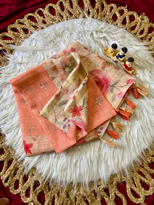 Soft_Premium_Linen_sarees_with_Beautiful_Print_With_Attractive_Checks_Design_Saree_With_Gold_Zari_Border_And_Print_Blouse_With_Tassels