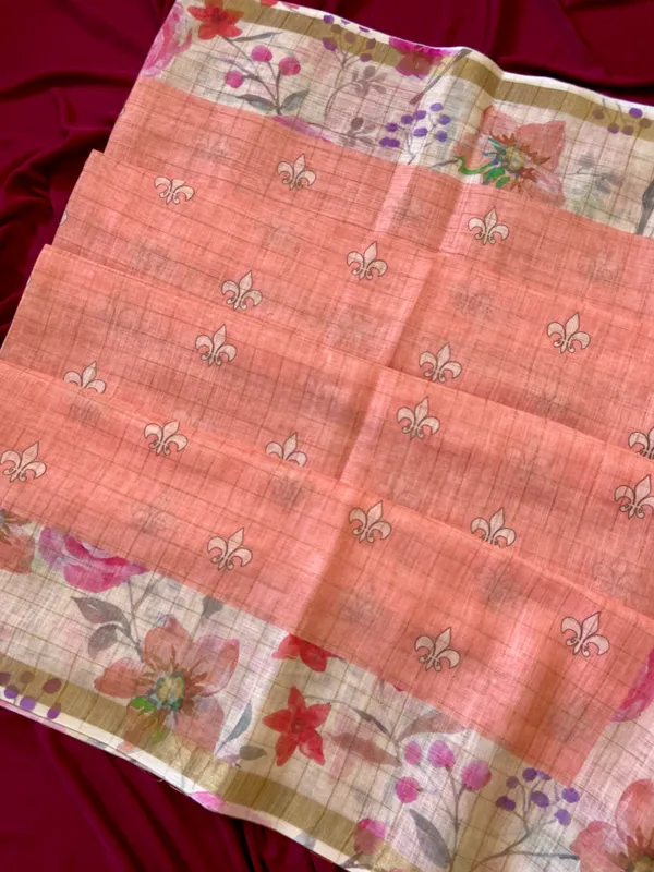 Soft_Premium_Linen_sarees_with_Beautiful_Print_With_Attractive_Checks_Design_Saree_With_Gold_Zari_Border_And_Print_Blouse_With_Tassels