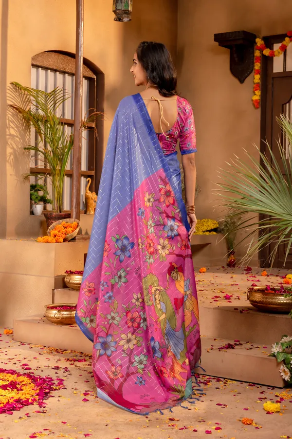 Soft_Semi_Tussar_Silk_sarees_with_Beautiful_Digital_Print_With_Attractive_Border_And_Contrast_Print_Blouse_With_Tassels