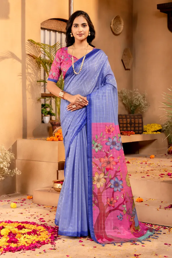 Soft_Semi_Tussar_Silk_sarees_with_Beautiful_Digital_Print_With_Attractive_Border_And_Contrast_Print_Blouse_With_Tassels