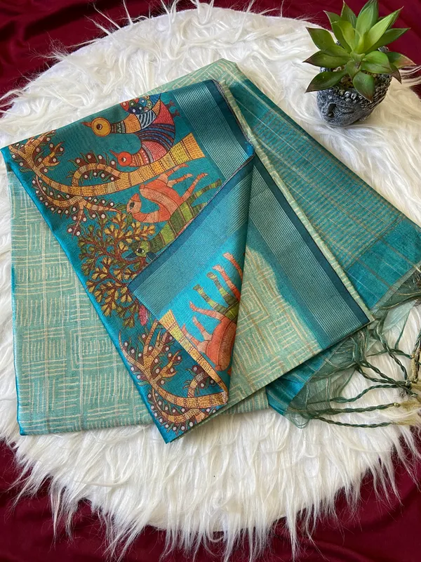 Soft_Semi_Tussar_Silk_sarees_with_Beautiful_Digital_Print_With_Attractive_Border_And_Contrast_Print_Blouse_With_Tassels