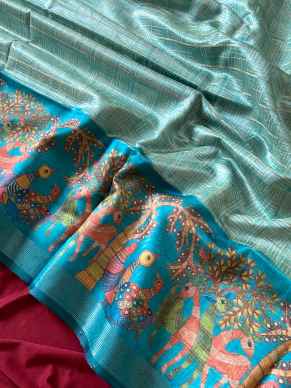 Soft_Semi_Tussar_Silk_sarees_with_Beautiful_Digital_Print_With_Attractive_Border_And_Contrast_Print_Blouse_With_Tassels