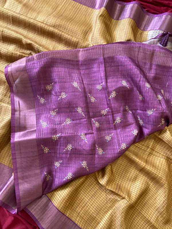 Soft_Tussar_Silk_sarees_with_Beautiful_Digital_Print_With_Attractive_Checks_Design_Saree_And_Digital_Print_Blouse_With_Tassels