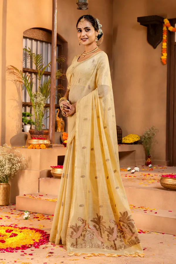 Premium_Soft_Muga_Cotton_sarees_with_Beautiful_?Colourfull_Resham_Weaving__Peacock_Design_Pallu_With_Attractive_Traditional_Zari_Weaving__With_All_Over__Resham_Weaving__And_Resham_Weaving_Butti_Blouse_With_Fancy_Tassels