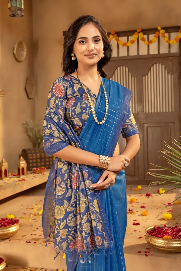 Soft_Semi_Tussar_Silk_sarees_with_Beautiful_Digital_Print_With_Attractive_Border_And_Contrast_Print_Blouse_With_Tassels