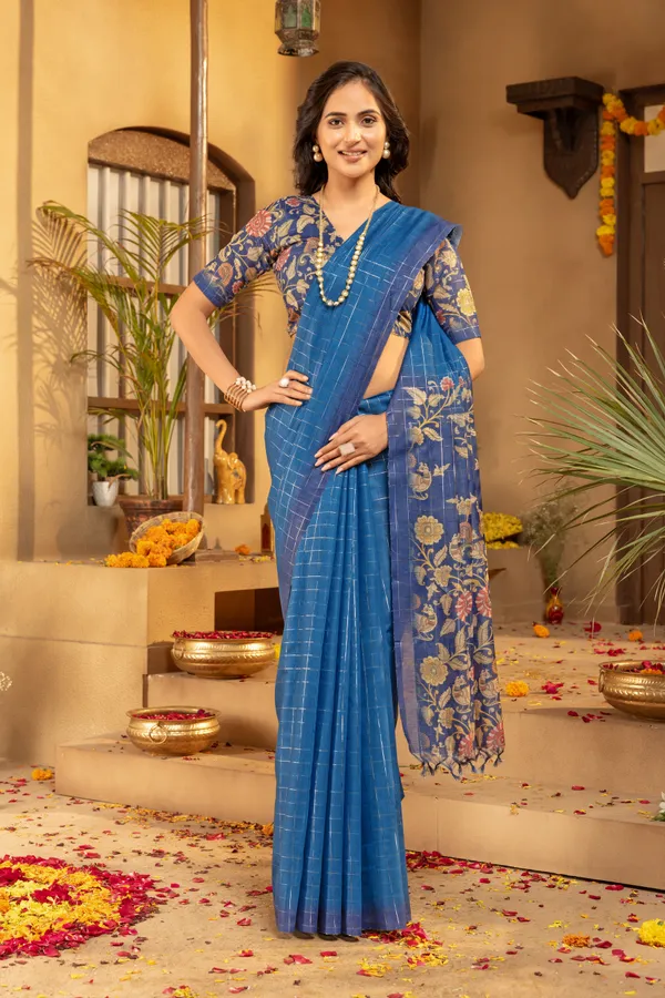 Soft_Semi_Tussar_Silk_sarees_with_Beautiful_Digital_Print_With_Attractive_Border_And_Contrast_Print_Blouse_With_Tassels