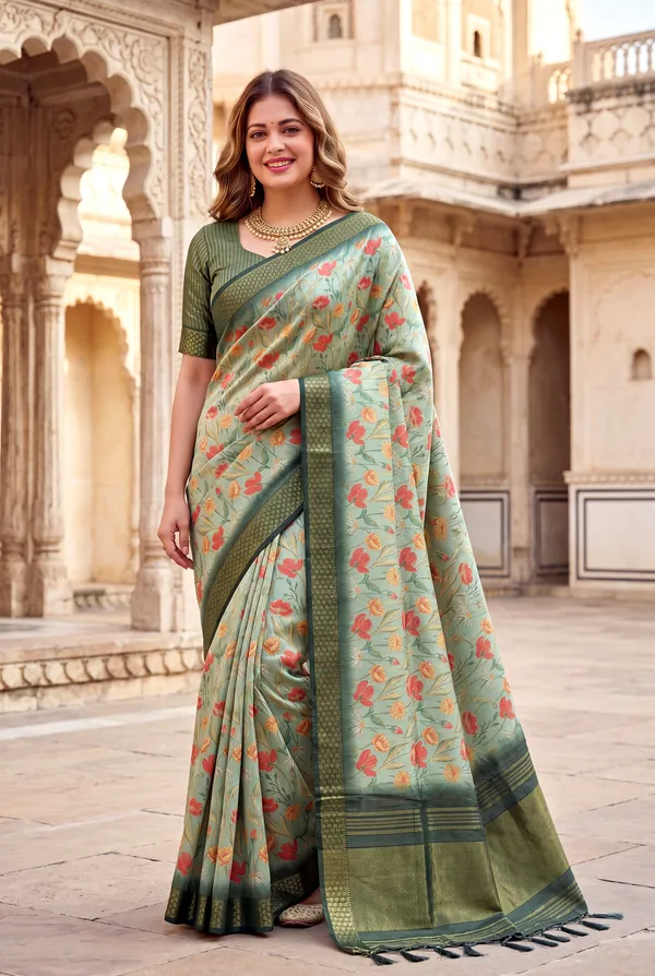 Soft_Tissue_Silk_sarees_with_Beautiful_Digital_Print_With_Attractive_Border_&_Rich_Pallu_With_Sequence_And_Contrast_Print_Blouse_With_Tassels