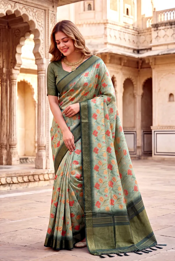 Soft_Tissue_Silk_sarees_with_Beautiful_Digital_Print_With_Attractive_Border_&_Rich_Pallu_With_Sequence_And_Contrast_Print_Blouse_With_Tassels