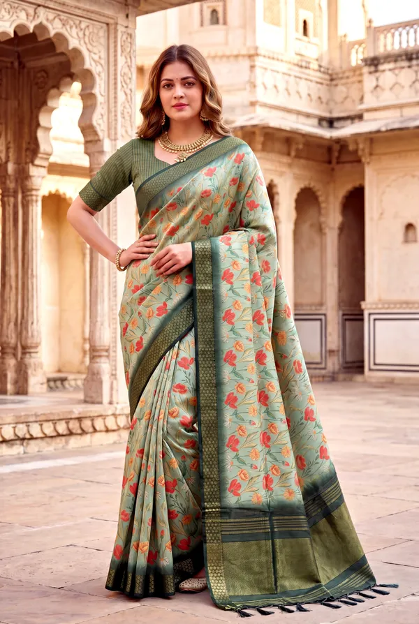 Soft_Tissue_Silk_sarees_with_Beautiful_Digital_Print_With_Attractive_Border_&_Rich_Pallu_With_Sequence_And_Contrast_Print_Blouse_With_Tassels