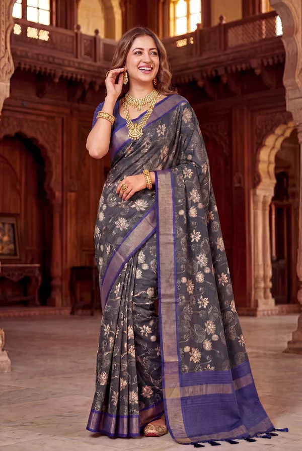 Soft_Tussar_Silk_sarees_with_Beautiful_Digital_Print_With_Attractive_Checks_Design_Saree_And_Digital_Print_Blouse_With_Tassels