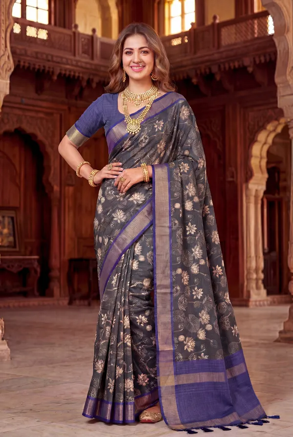 Soft_Tussar_Silk_sarees_with_Beautiful_Digital_Print_With_Attractive_Checks_Design_Saree_And_Digital_Print_Blouse_With_Tassels