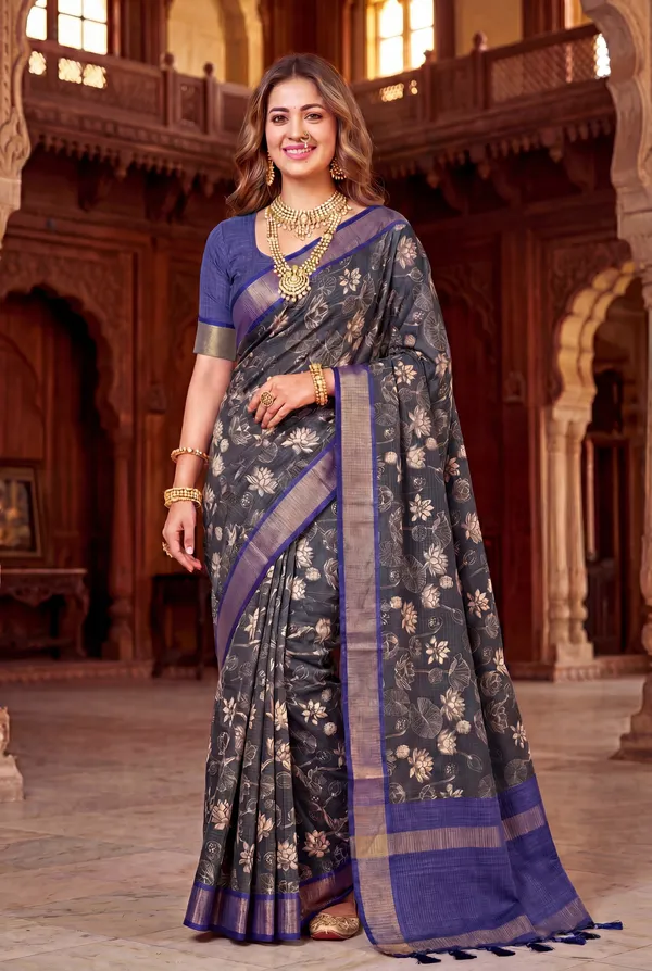Soft_Tussar_Silk_sarees_with_Beautiful_Digital_Print_With_Attractive_Checks_Design_Saree_And_Digital_Print_Blouse_With_Tassels