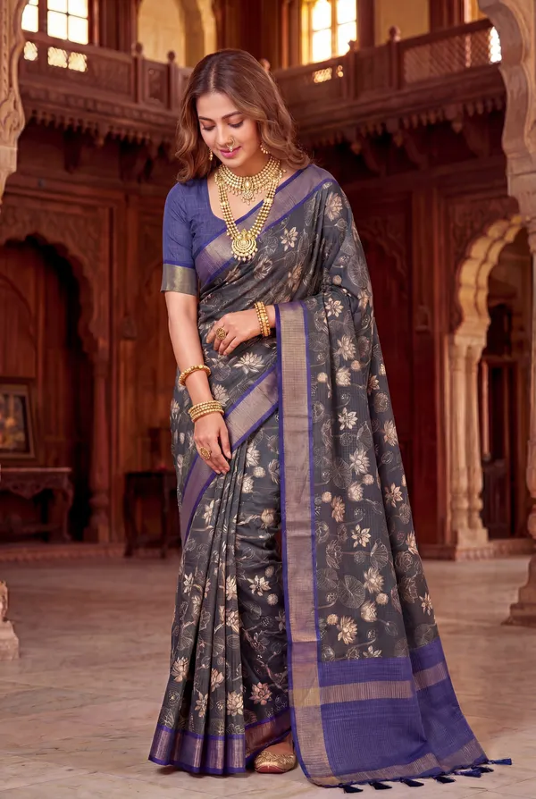 Soft_Tussar_Silk_sarees_with_Beautiful_Digital_Print_With_Attractive_Checks_Design_Saree_And_Digital_Print_Blouse_With_Tassels