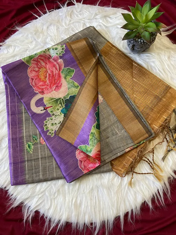 Soft_Semi_Tussar_Silk_sarees_with_Beautiful_Digital_Print_With_Attractive_Border_And_Contrast_Print_Blouse_With_Tassels