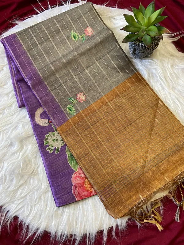 Soft_Semi_Tussar_Silk_sarees_with_Beautiful_Digital_Print_With_Attractive_Border_And_Contrast_Print_Blouse_With_Tassels