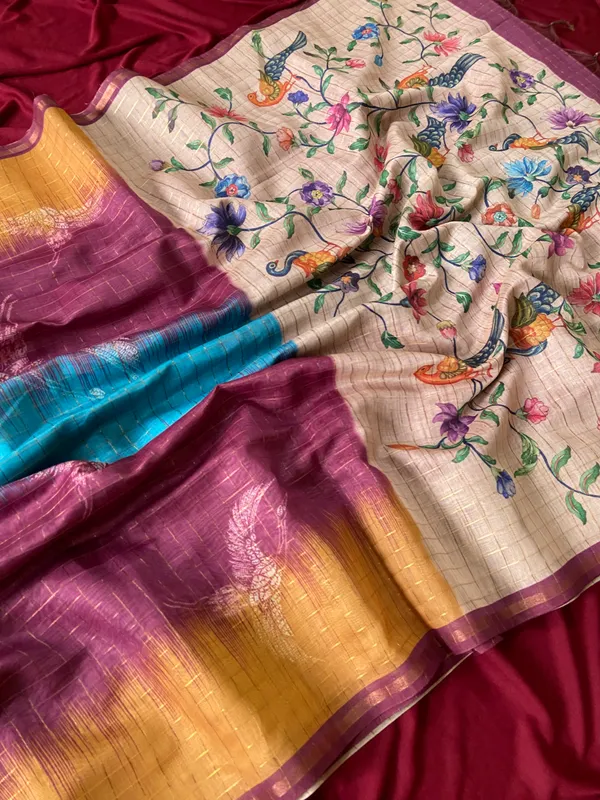 Soft_Tussar_Silk_sarees_with_Beautiful_Style_Of_Kalamkari_Digital_Print_With_Attractive_Border_And_Contrast_Print_Blouse_With_Tassels