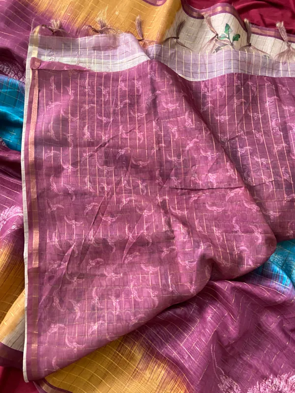 Soft_Tussar_Silk_sarees_with_Beautiful_Style_Of_Kalamkari_Digital_Print_With_Attractive_Border_And_Contrast_Print_Blouse_With_Tassels