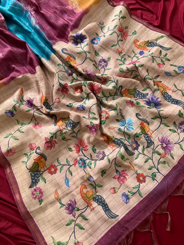 Soft_Tussar_Silk_sarees_with_Beautiful_Style_Of_Kalamkari_Digital_Print_With_Attractive_Border_And_Contrast_Print_Blouse_With_Tassels